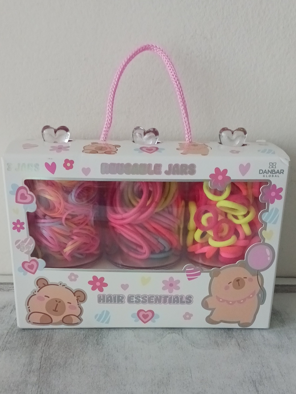 Danbar Hair Essentials Kids Hair Bands Set - Pink & Yellow in Reusable 3 Jars